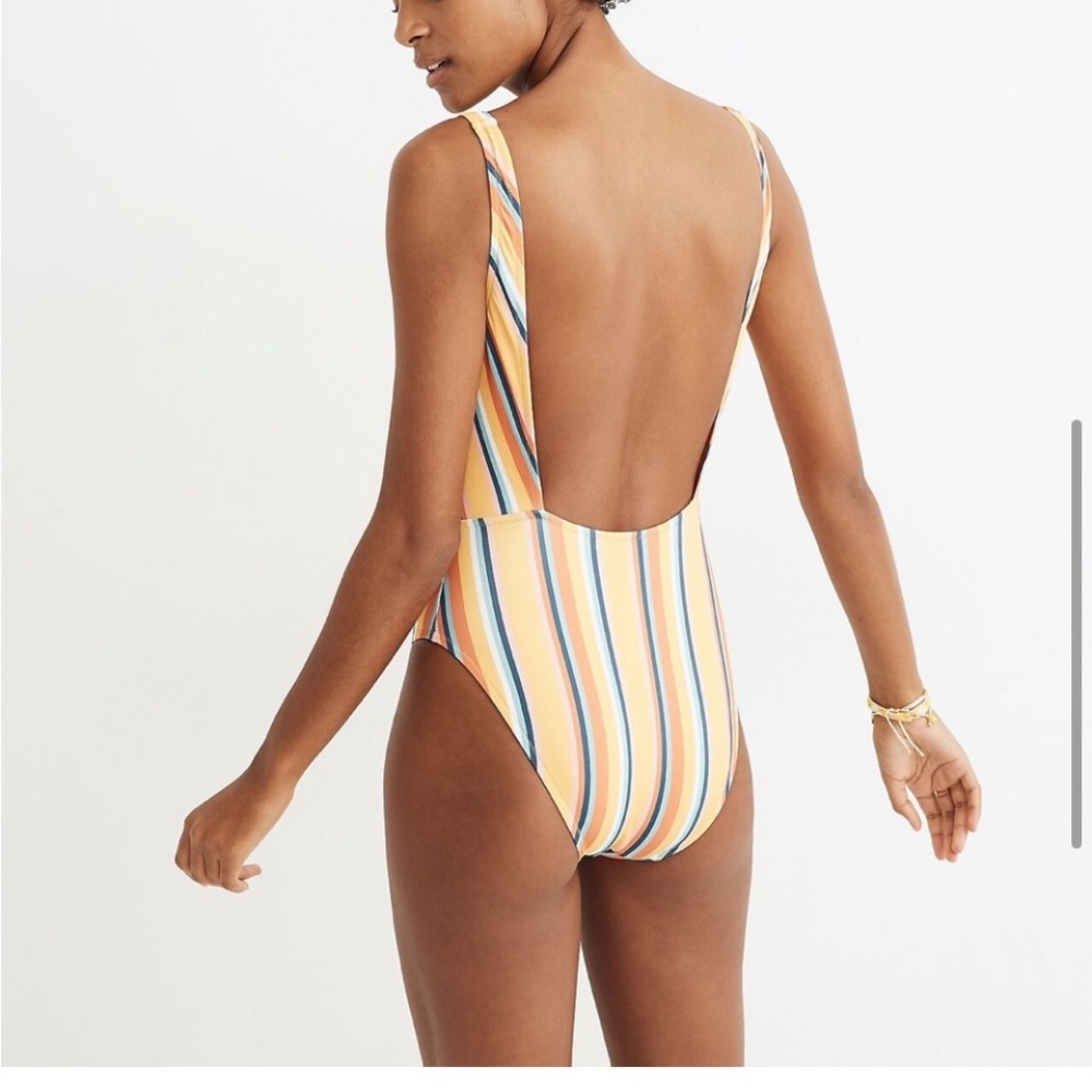 Madewell striped hicut bathing suit small orange teal muted tones one piece - Picture 2 of 11